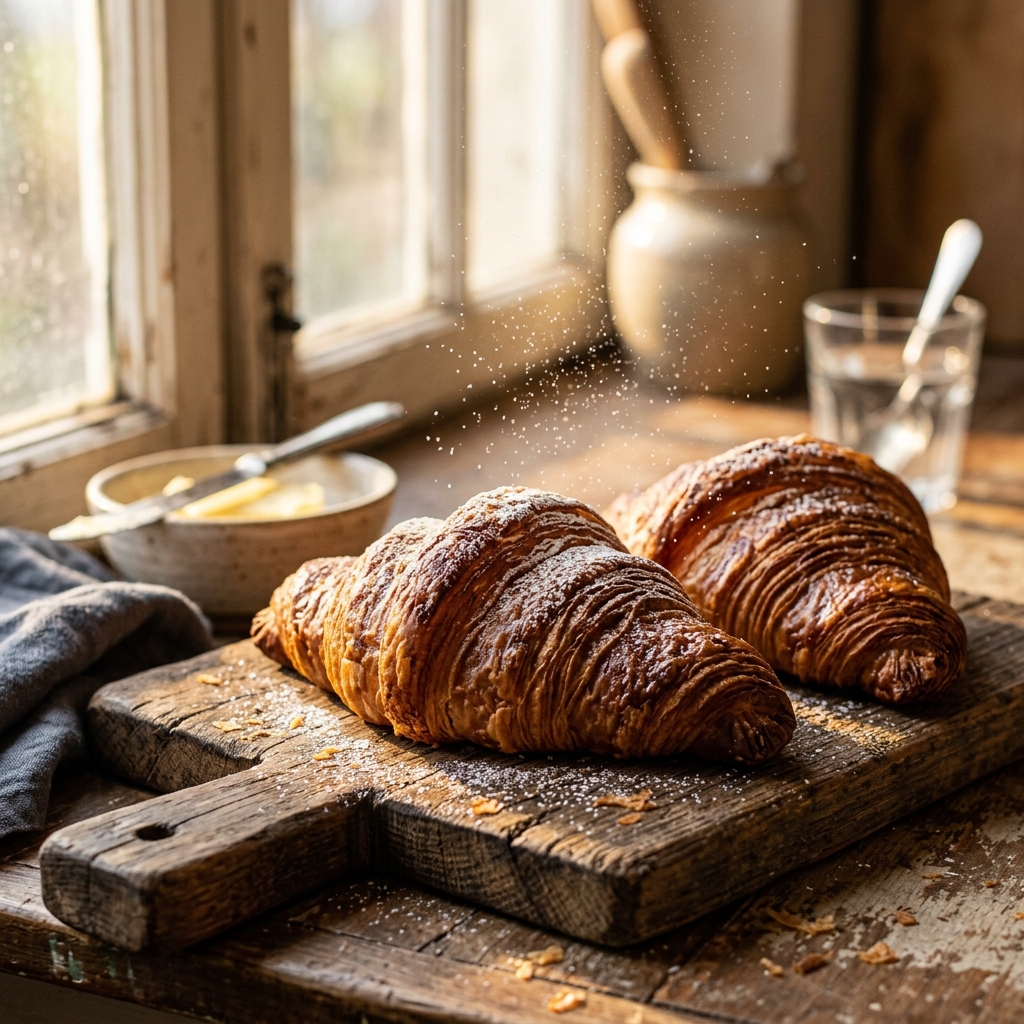 Flaky laminated butter croissant roll stack