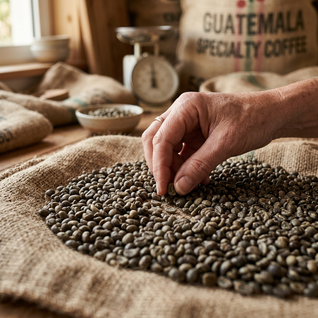 Fingers grading dark green unroasted coffee beans