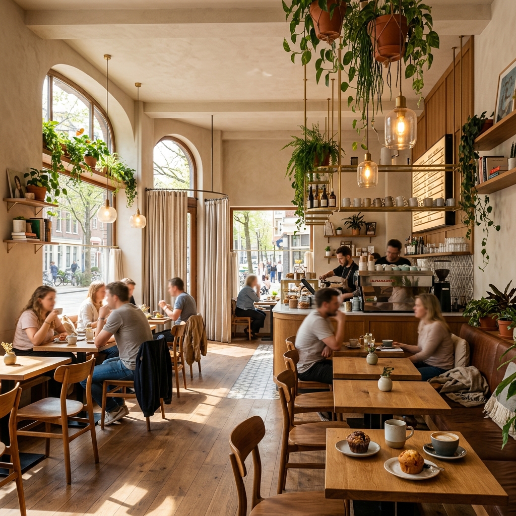 Sunlit plants and wood seating